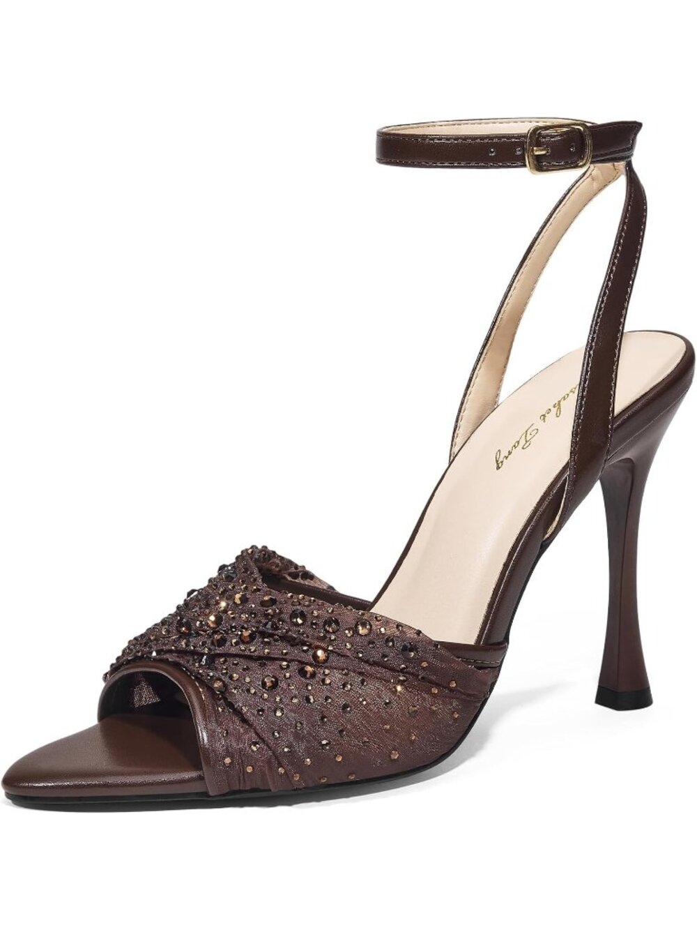 Women's Brown Mesh Rhinestone 4 Inch Strappy High Heels Sandals Pointed Open Toe